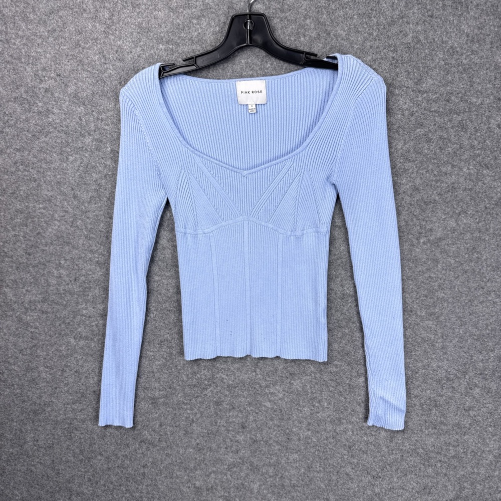 Pink Rose Ribbed Knit Top Small Light Blue Sweetheart Neck Long Sleeve Rayon Mix